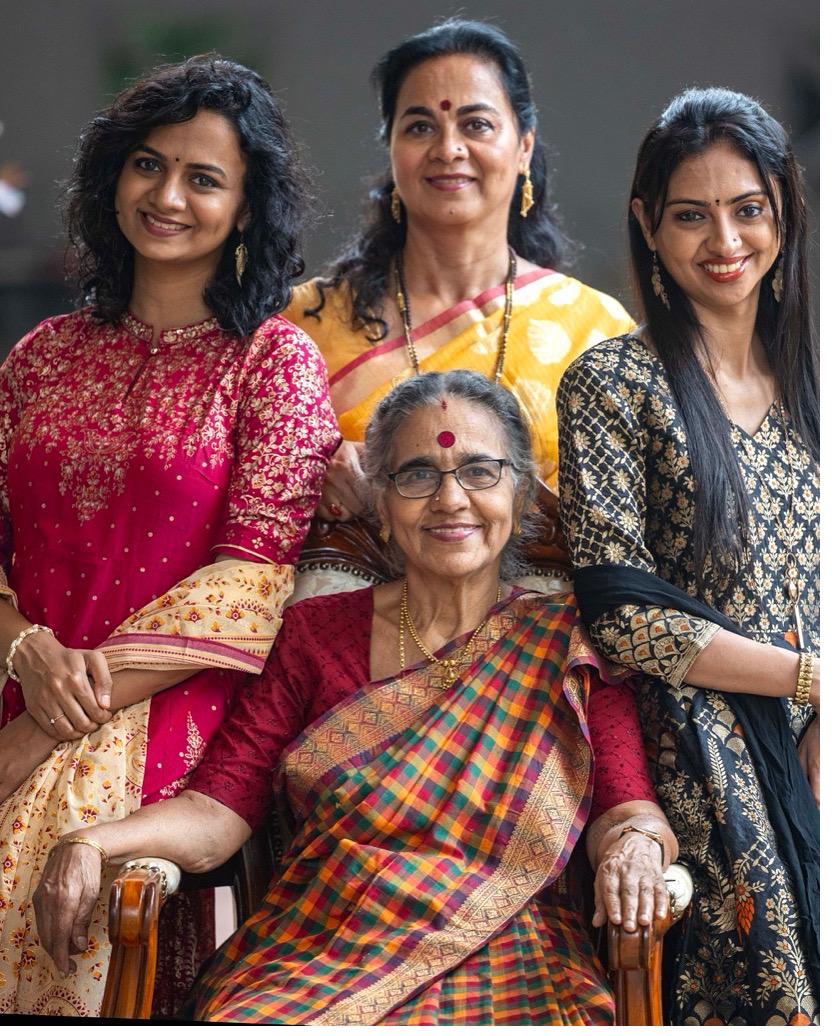 Four generations of the family: Dr. N. Rajam, Dr. Sangeeta Shankar, and her daughters Ragini and Nandini Shankar