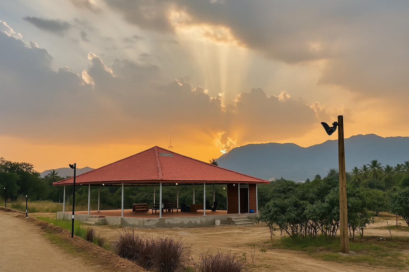 The open-air Mandapam at Swar-Sadhana Tapovan at sunset